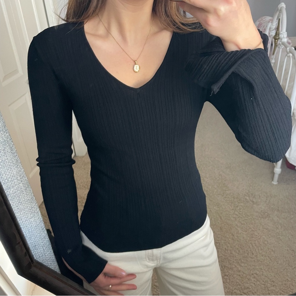 Black Ribbed V-Neck Bell Sleeve Top